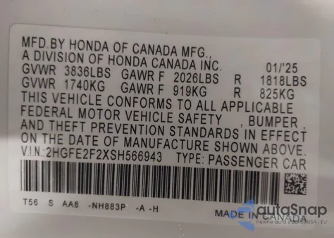 2025 Honda Civic Lx z USA, uszkodzony, nr VIN 2HGFE2F2XSH566943